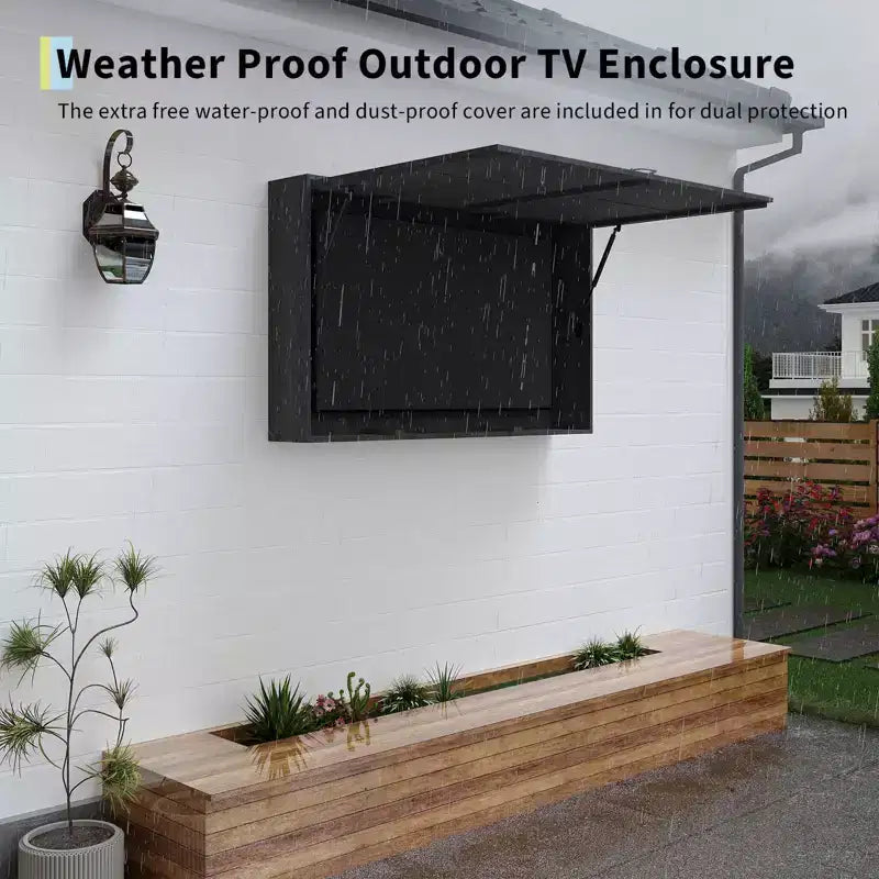 55-Zoll-Outdoor-TV-Gehäuse, wetterfeste TV-Abdeckung aus Massivholz mit 4D-verstellbarer Halterung & hochklappbarer Tür (passend für 44-55-Zoll-Fernseher)