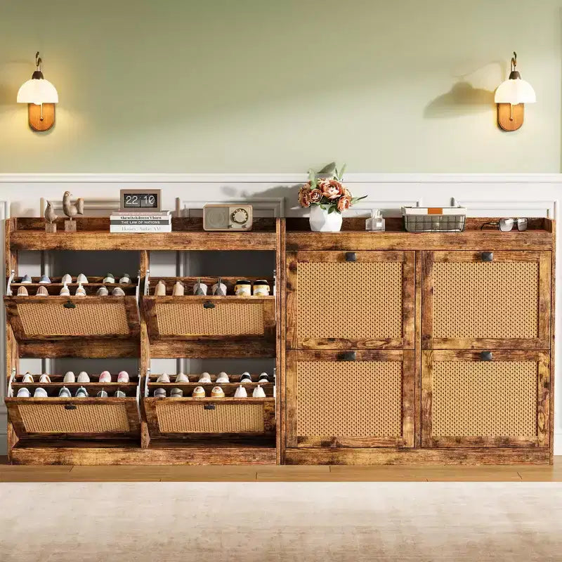 Schuhschrank mit 4 Klappfächern, Schuhschrank aus Holz mit Rattantüren und verstellbaren Einlegeböden – freistehender Schuh-Organizer