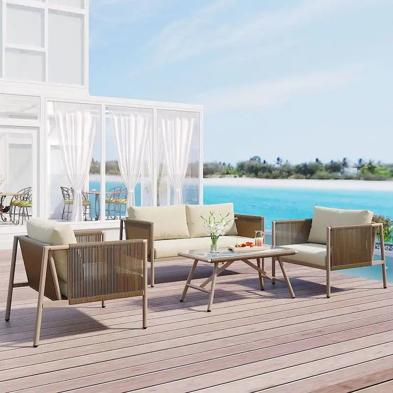 4-teilige Outdoor-Lounge-Garnitur aus Seil für 4 Personen mit Auflagen und Glastisch