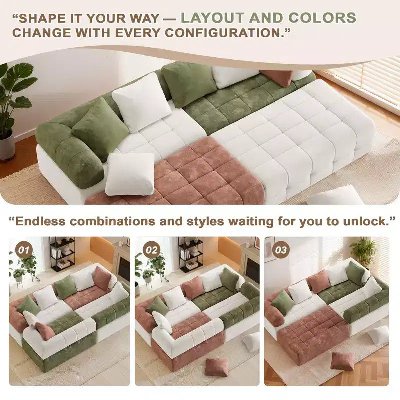 280 cm breites, modulares 4-Sitzer-Sofa aus Chenille im Colorblock-Design mit geschwungenen Armlehnen