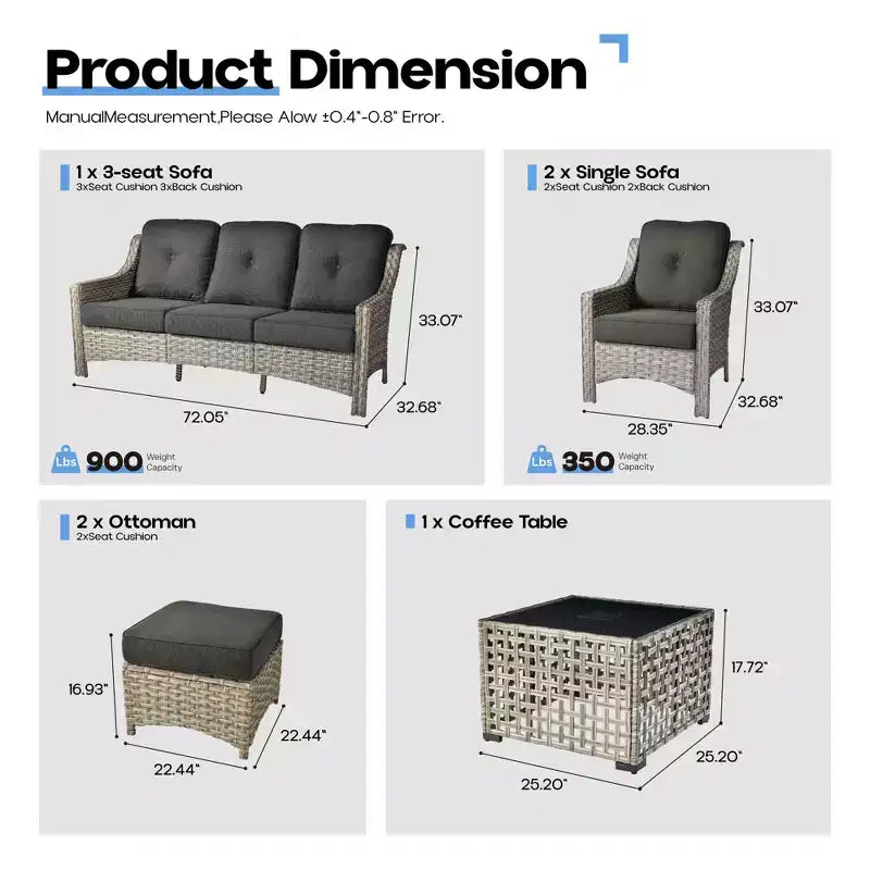 HOMLUX 6-teiliges Terrassen-Loungeset aus Polyrattan mit 3-Sitzer-Sofa und Polstern, Rattanstühlen, Hockern und Couchtisch
