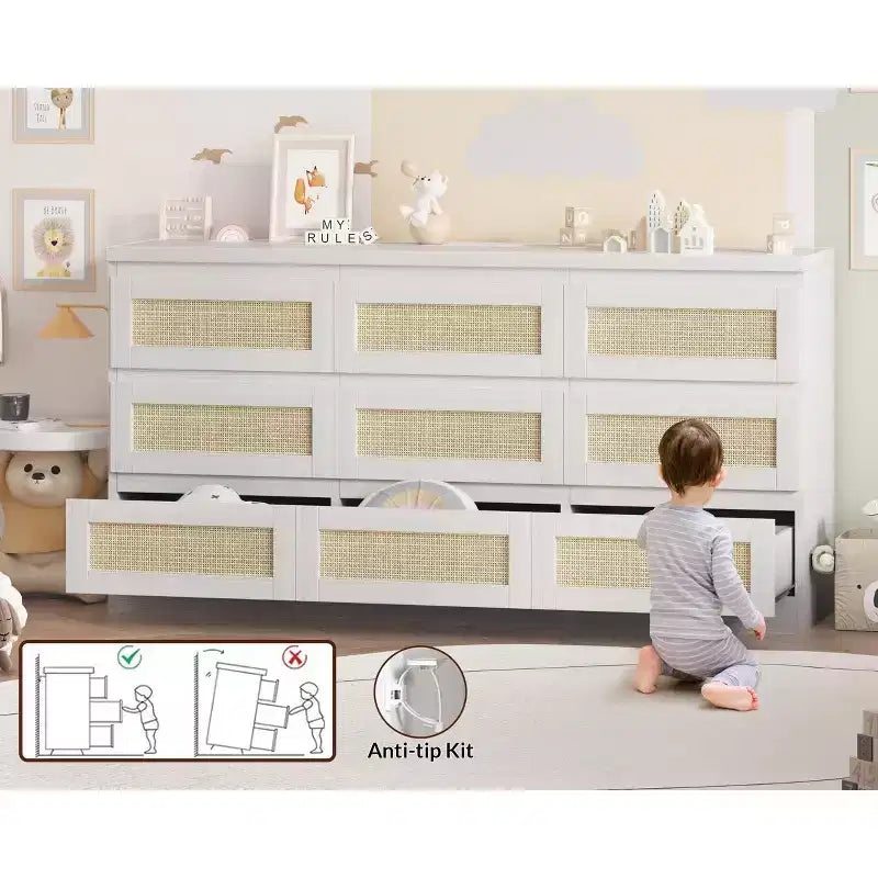 Kommode fürs Schlafzimmer, Rattan-Kommode mit 9 Schubladen für den Kleiderschrank, Doppelholz-Kommoden & Schubladenschränke