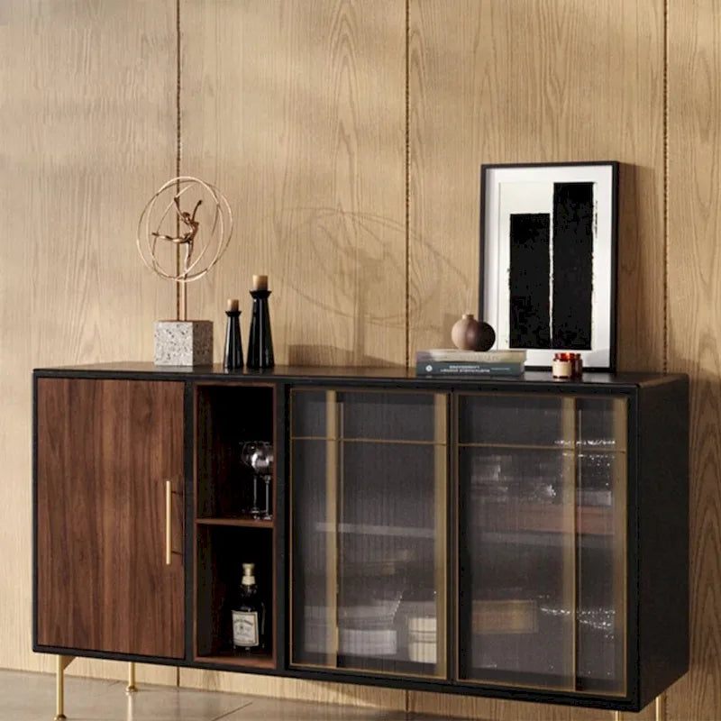 55,12" Mid-Century Modern Sideboard-Buffet, Schrank mit 3 Türen, Rahmen aus mehrschichtigem Massivholz, Walnussfurnier, komplett montiert - 55,12"