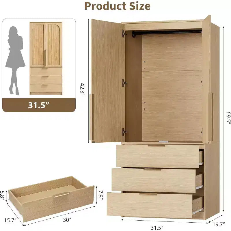 Kleiderschrank mit 2 Türen, 3 Schubladen und Kleiderstange