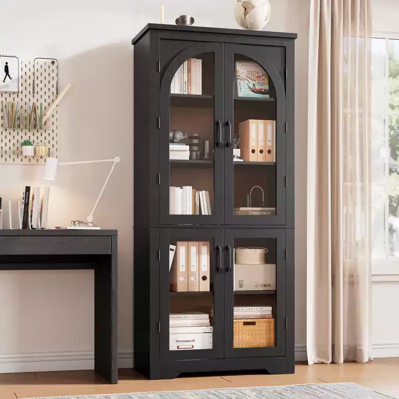 178 cm hoher Küchenschrank, moderner Vitrinenschrank mit 4 gewölbten Glastüren und verstellbaren Einlegeböden, für Küche, Wohnzimmer, Esszimmer, Badezimmer