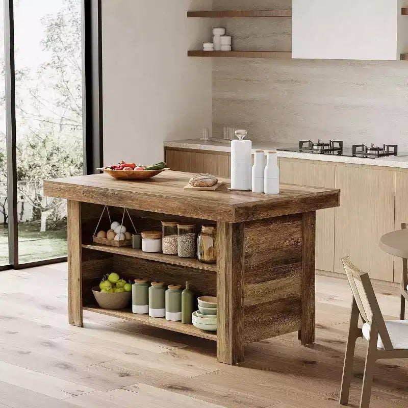 Lantine 55 Zoll Kücheninsel mit Stauraum, 3-stöckiger stationärer Küchentisch aus Holz, moderner Bartisch mit Ablagefach für die Küche, rustikales Braun