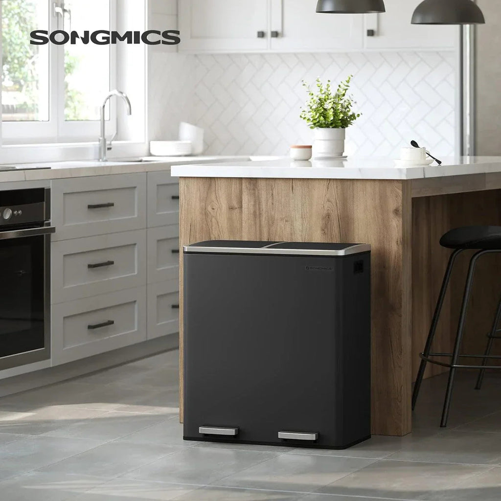 SONGMICS Doppel-Mülleimer, 60-Liter-Mülleimer aus Edelstahl, Schwarz