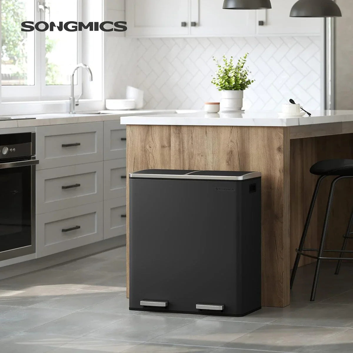 SONGMICS Doppel-Mülleimer, 60-Liter-Mülleimer aus Edelstahl, Schwarz