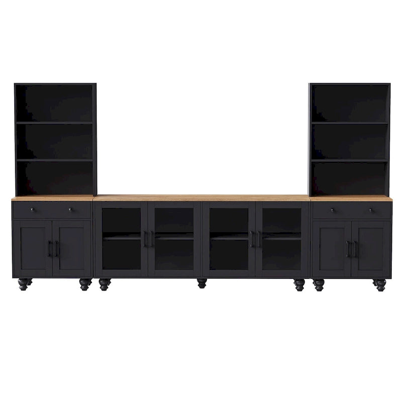 Schwarzes Entertainment-Center im Landhausstil mit dunklem Walnussholz, Bücherregalen und Türen aus gehärtetem Glas für Fernseher bis 70 Zoll