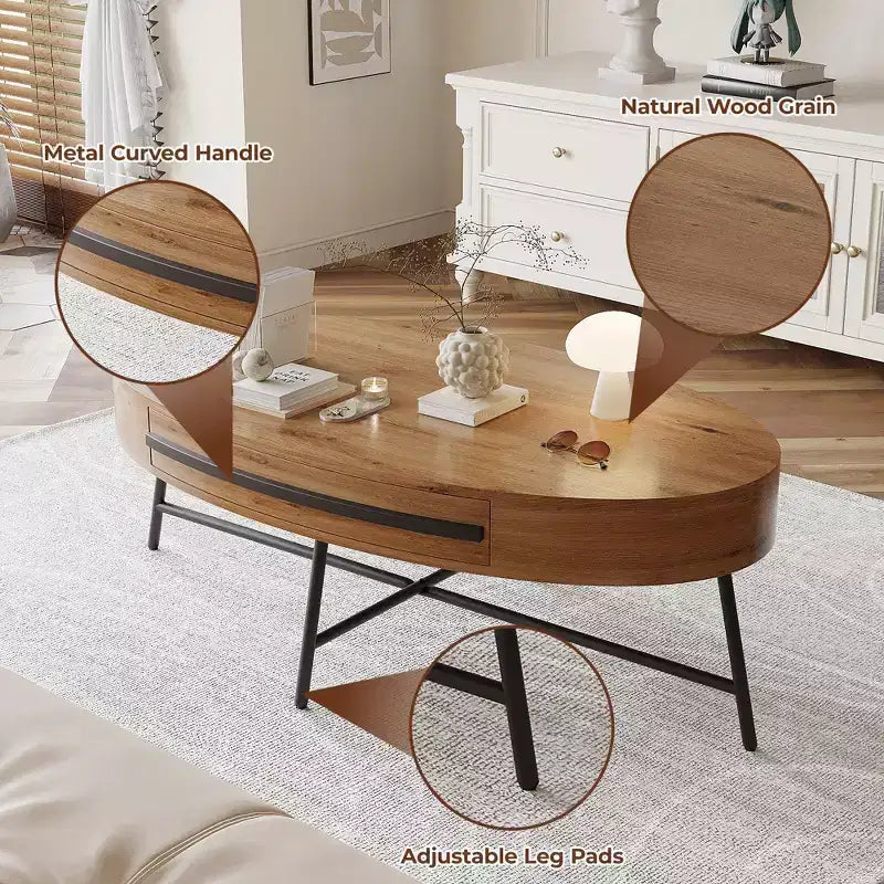Ovaler Couchtisch mit Schublade, Mid-Century Modern Wohnzimmertisch 120 cm, Holztisch mit Stauraum und gekreuzten Metallbeinen, geschwungenes Design