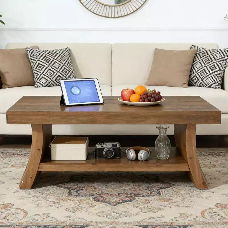 Lantine 119,9 cm Landhaus-Couchtisch mit Ablagefach, Mid-Century moderner Massivholz-Wohnzimmertisch mit geschwungenem Gestell, Walnuss
