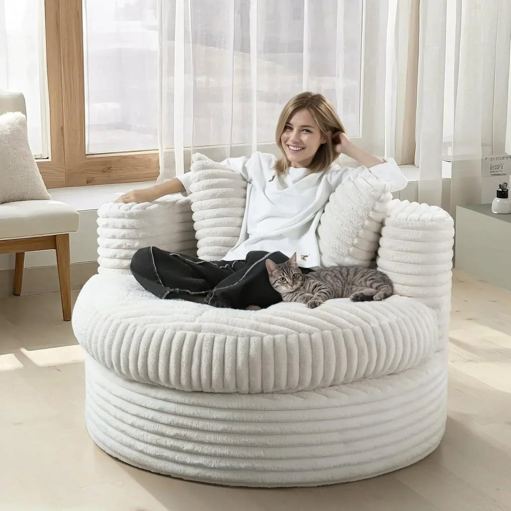 WOWMAX 47-Zoll runder Chaiselongue-Sessel für den Innenbereich, gepolstertes Bodensofa aus Cord mit extrabreiter Liegefläche und 2 Zierkissen