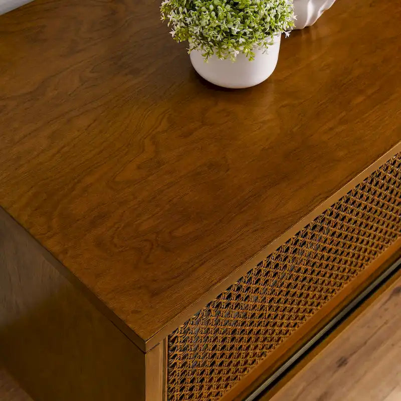 Vintage Rattan TV-Schrank mit 2 Staufächern und 4 Holzbeinen für Wohnzimmer, Schlafzimmer und Büro