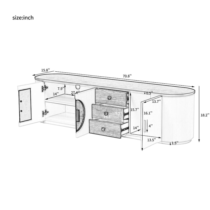 70,8-Zoll modernes minimalistisches TV-Lowboard für Fernseher bis 80 Zoll, Entertainment-Center mit 3 Schubladen und 1 Ablage mit Metallgriffen