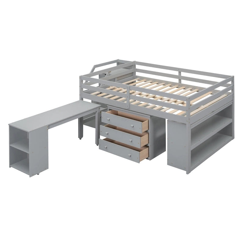 Full-Size-Hochbett mit ausziehbarem Schreibtisch und 3 Schubladen, Hochbett aus Holz mit Treppe mit Stauraum und Regalen