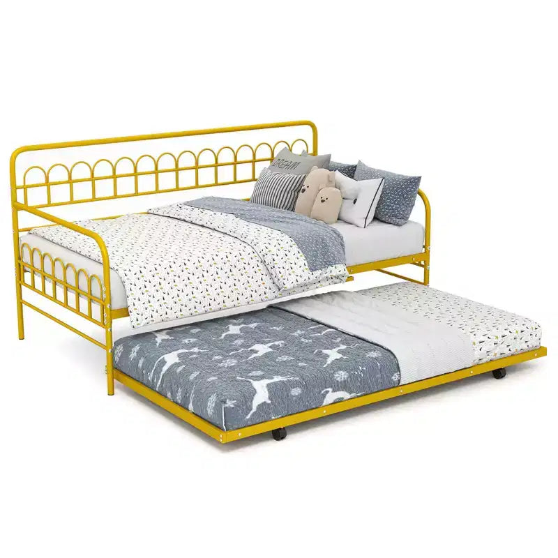 Costway Tagesbett mit Ausziehbett, geschwungener Rückenlehne & Armlehnen, strapazierfähige Metalllatten, Schwarz/Gold