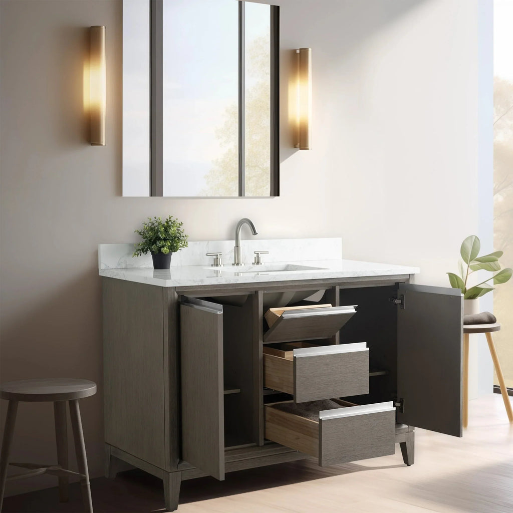 Vanity Art Badezimmerschrank mit Keramikwaschbecken und Platte aus technischem Marmor