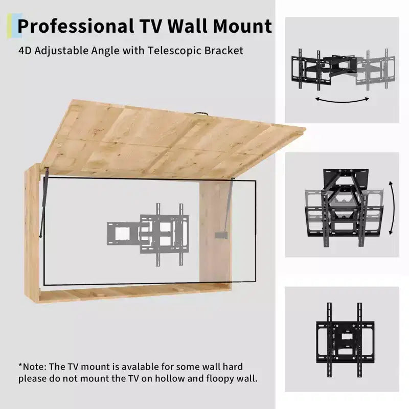 55-Zoll-Outdoor-TV-Gehäuse, wetterfeste TV-Abdeckung aus Massivholz mit 4D-verstellbarer Halterung & hochklappbarer Tür (passend für 44-55-Zoll-Fernseher)