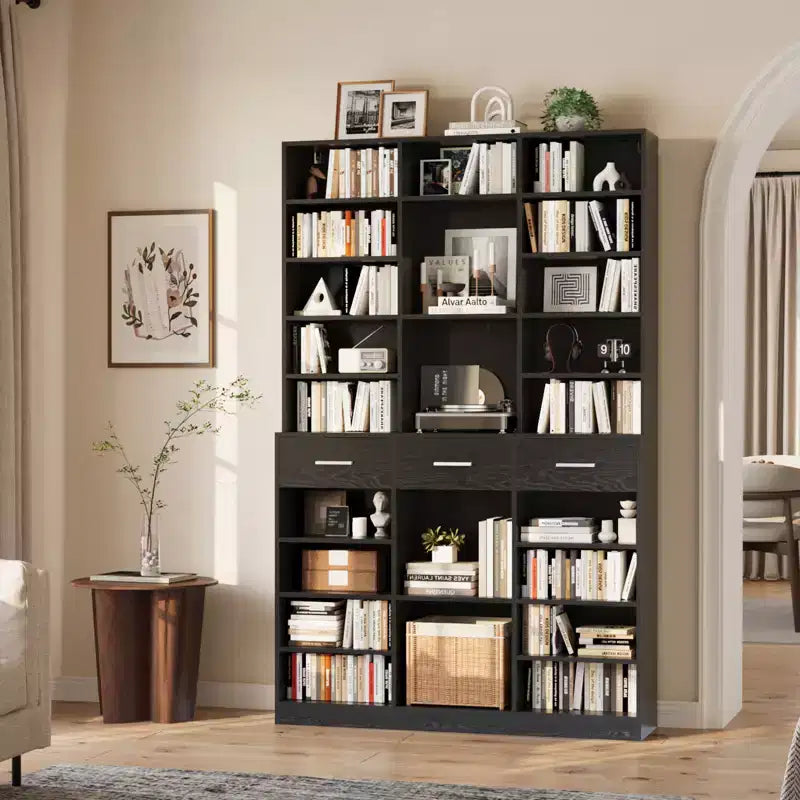 Schwarz/Weißes 9-stöckiges Bücherregal mit 3 Schubladen und verstellbaren Einlegeböden