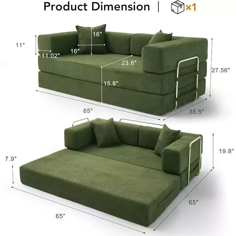 Dyonery 65-Zoll 5-in-1-Schlafsofa, zu einem Doppelbett umbaubar, mit festem Metallrahmen, Cord