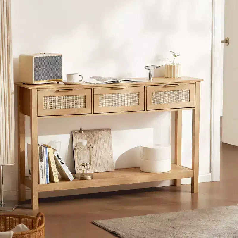 VEVOR Rattan-Konsolentisch mit 3 Schubladen, Rattan-Flurtisch mit natürlicher Rattan-Schiebetür, Konsolen-Sofa-Tisch, Natur