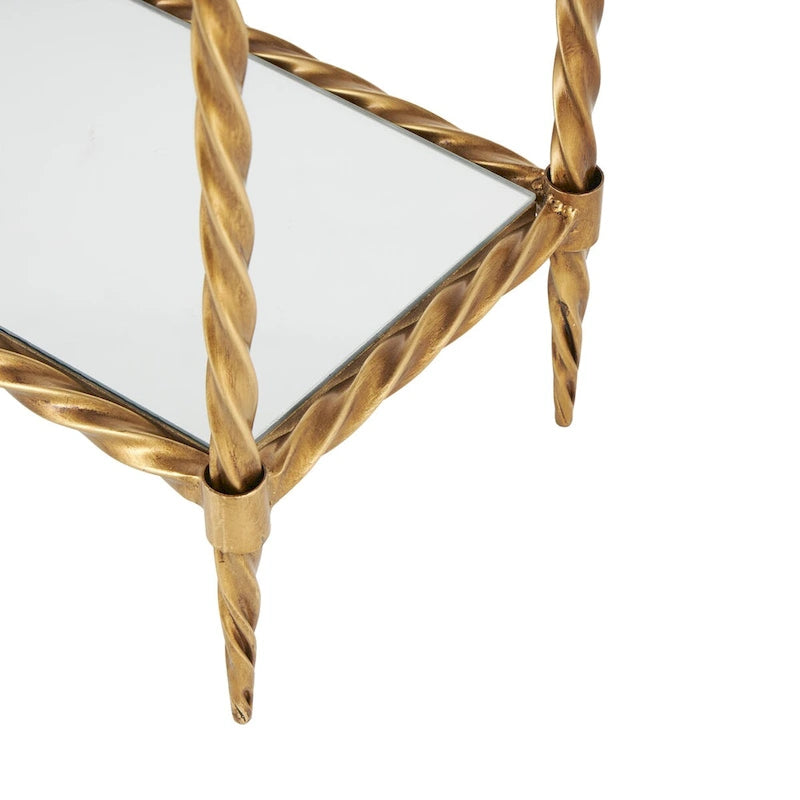 Konsole mit 1 Ablage im Stil eines gedrehten Metallseils mit verspiegelter Glasplatte und Ablage - Gold - Roche River Decor