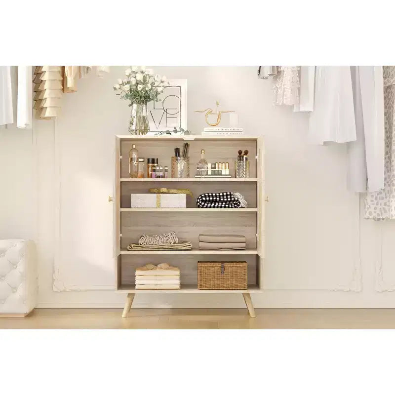 Schuhregal-Organizer, 4-stöckiger Schuhschrank aus Holz mit verstellbaren Einlegeböden & Rattan-Türen, schmales Eichenregal für Flur und Wohnzimmer