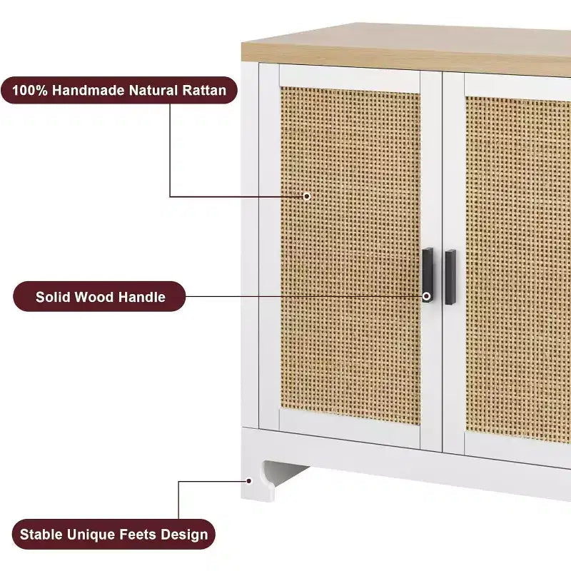 4-türiger Aufbewahrungsschrank aus Geflecht, Buffet-Sideboard mit Ablage, Kaffeebar-Konsole für Küche, Ess- & Wohnzimmer, 36H