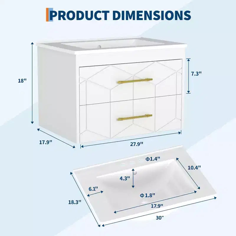 Modernes hängendes Badezimmer-Waschtischset mit Waschbecken – Wandmontierter Unterschrank mit Soft-Close-Schublade und goldenem Griff, Größe 24 oder 30 Zoll