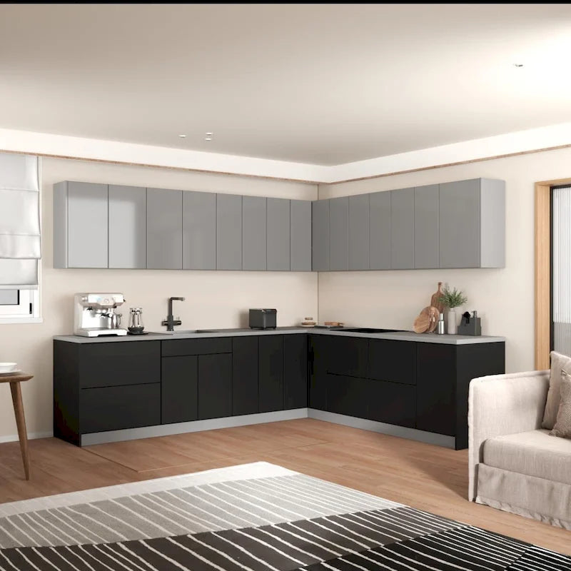 Moderne Küchenkollektion in Schwarz, Grundgröße 10 × 8,5 Fuß, Breite – 102 × 120