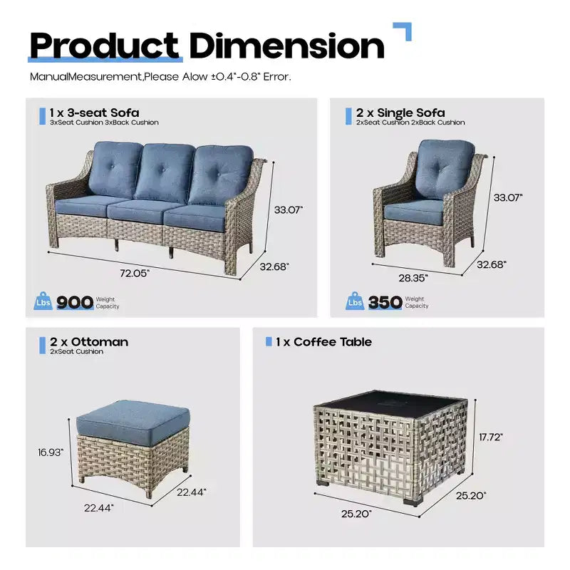 HOMLUX 6-teiliges Terrassen-Loungeset aus Polyrattan mit 3-Sitzer-Sofa und Polstern, Rattanstühlen, Hockern und Couchtisch