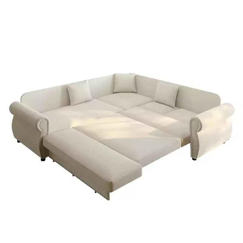 Homy Casa 88 L-förmiges Schlafsofa mit Ausziehbett, Chenille-Polsterung, 5-Sitzer, Beige
