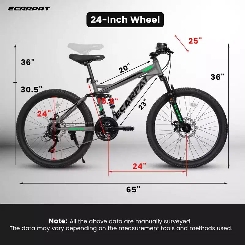 Okak 24 Zoll Mountainbike aus Karbonstahl mit Vollfederung, Herrenfahrrad mit 21-Gang-Schalthebel und Scheibenbremsen, Fahrrad für Kinder & Erwachsene