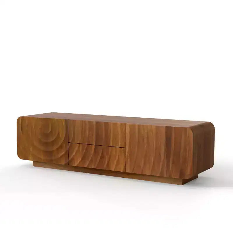 JVNOXK 58-Zoll-TV-Board, Mid-Century-Spiralwellendesign, mit Stauraumschrank und zwei Schubladen, geeignet für Wohnzimmer oder Schlafzimmer, Walnuss