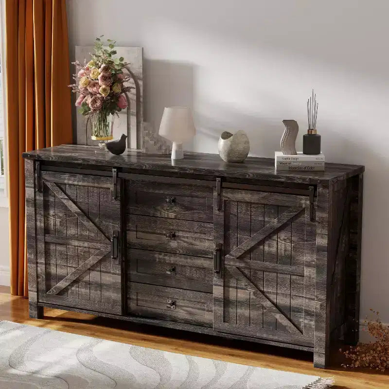 SinCiDo Farmhouse 60-cm-Schminktisch mit verschiebbarer Scheunentür und 4 Schubladen, Schubladenschrank für Wohnzimmer, Schlafzimmer und Kaffeebar