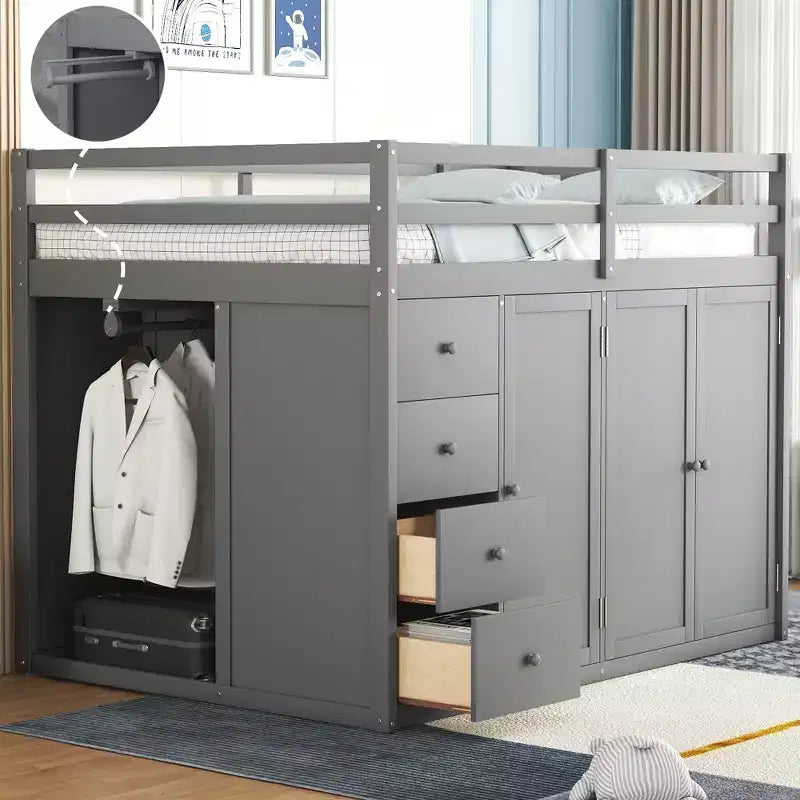 Teddy-Fleece-Tagesbett mit Staubrett und Schubladen, hohes Hochbett aus Holz mit vielseitigem Schreibtisch fürs Schlafzimmer