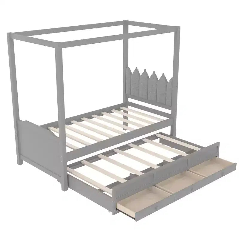 Doppel-/Einzelbett-Plattformbett mit Ausziehbett, Prinzessinnen-Himmelbett aus Holz mit 3 Schubladen, Stauraumbett mit gepolstertem Kopfteil für das Schlafzimmer