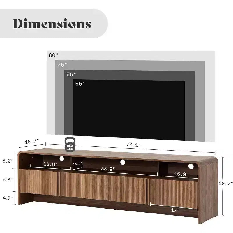 AMERLIFE 70" Modernes TV-Lowboard mit geriffeltem Design & Staufächern, für Fernseher bis 80", Holz-Mediakonsole für das Wohnzimmer