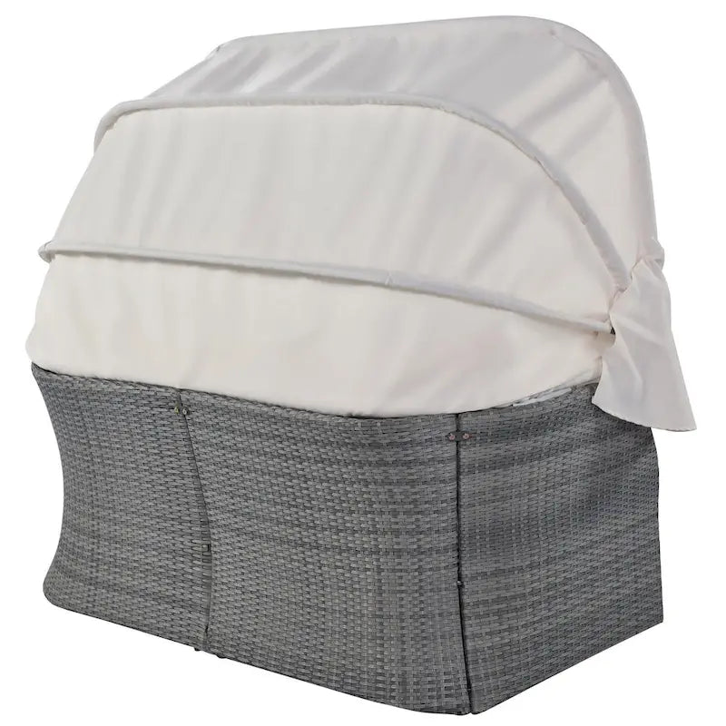 Graues Outdoor-Tagesbett aus Korbgeflecht mit Polstern und ausziehbarem Sonnendach