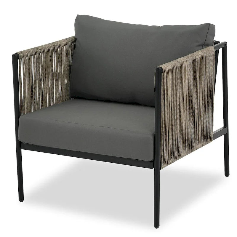 4-teilige Outdoor-Lounge-Garnitur aus Seil für 4 Personen mit Auflagen und Glastisch