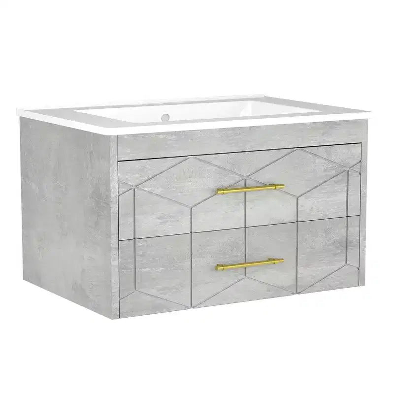 Modernes hängendes Badezimmer-Waschtischset mit Waschbecken – Wandmontierter Unterschrank mit Soft-Close-Schublade und goldenem Griff, Größe 24 oder 30 Zoll
