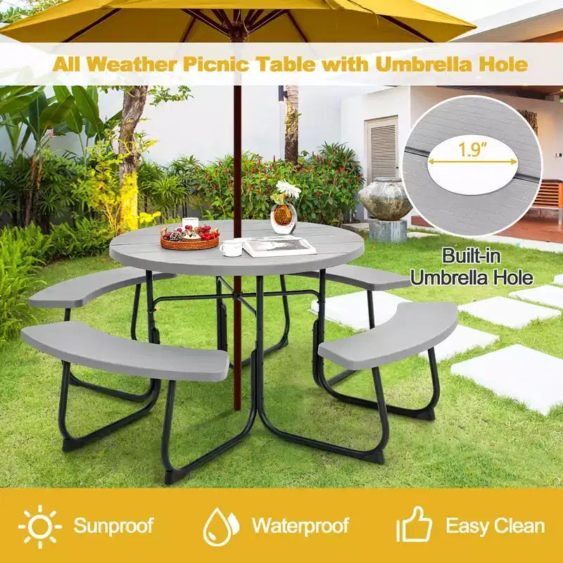 Costway Outdoor 8-Personen-Rund-Picknicktisch-Bank-Set mit 4 Bänken & Sonnenschirmloch Schwarz/Grau/Grün/Weiß