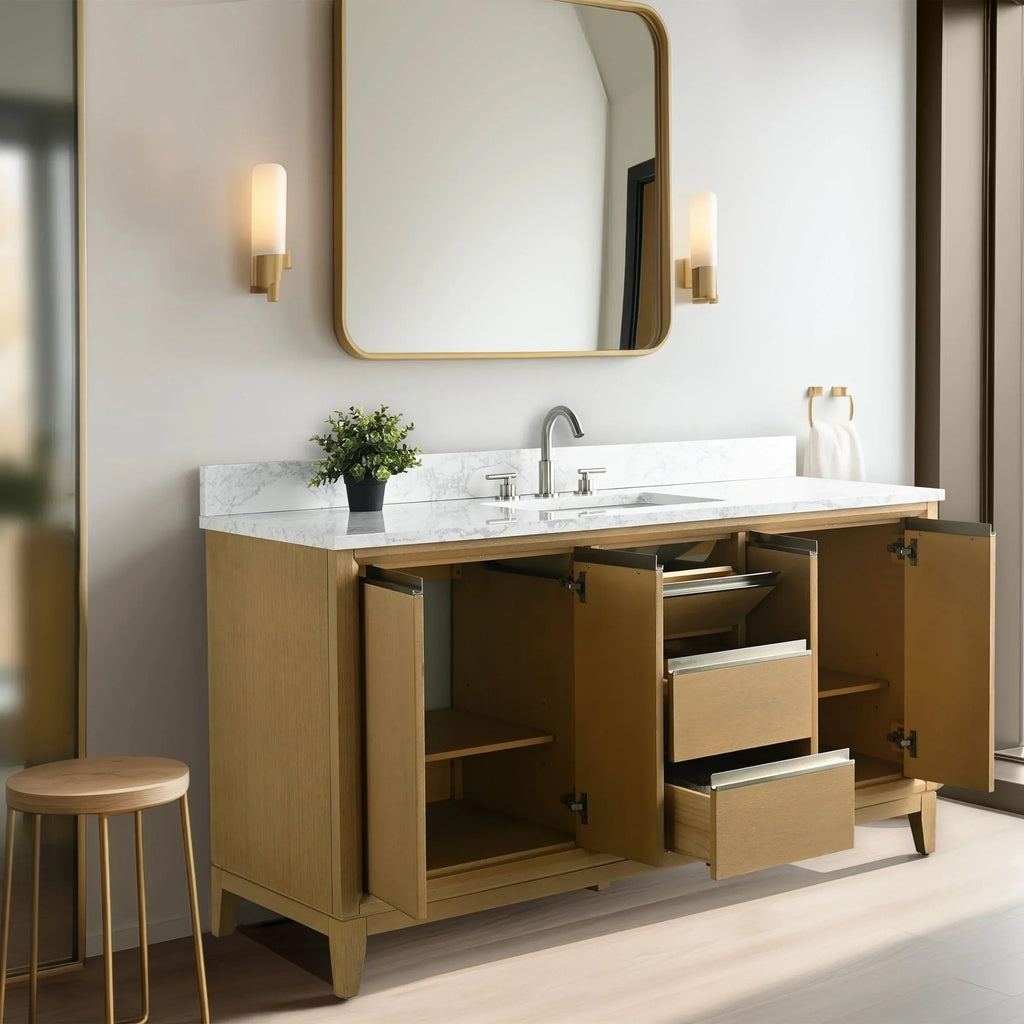 Vanity Art Badezimmerschrank mit Keramikwaschbecken und Platte aus technischem Marmor