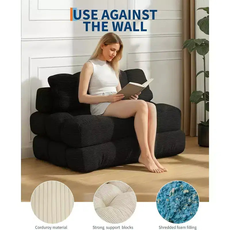 3-in-1-Klappsofa mit Schlaffunktion, umwandelbarer Schlafsessel mit Kissen, tragbarer ausklappbarer Sessel mit Schlaffunktion, bequemes Bodensofa mit Rückenstütze fürs Wohnzimmer, Beige
