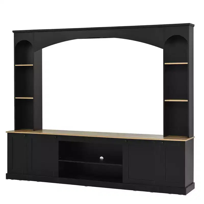 Whisen 91 Medienkonsole, gewölbte Entertainment-Center-Wandkombination im Landhausstil mit Bücherregal, Holzmaserung, für Fernseher bis zu 70 Zoll
