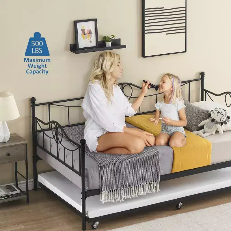 Tagesbett mit Ausziehbett, Metall-Tagesbett mit Gästebett, Tagesbett mit Ausziehbarem Bettrahmen, Sofa mit Stahl-Lattenrost für Kinder, Jugendliche und Erwachsene