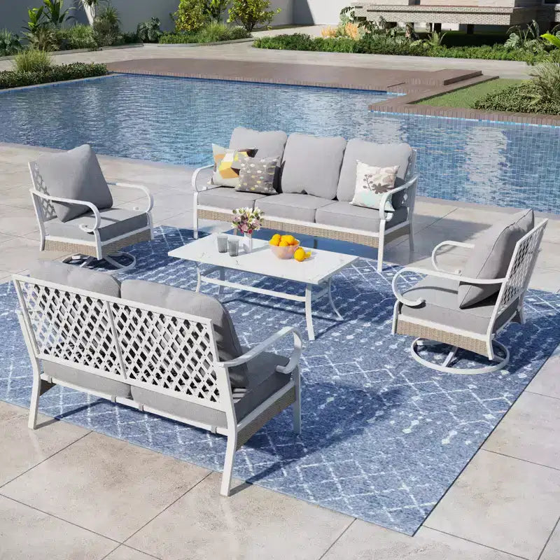 Captiva Designs 5-teiliges extra großes Outdoor-Lounge-Set aus Metall und Rattan mit drehbaren Sesseln mit Gitterrückenlehne und 2-Sitzer-Sofa