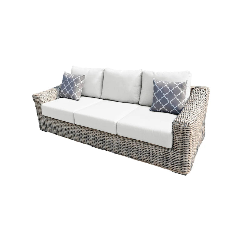 Teva Hawaii Dreifarbiges Gartenmöbel-Sofa aus Korbgeflecht in Grau/Cremeweiß/Beige mit Kissen