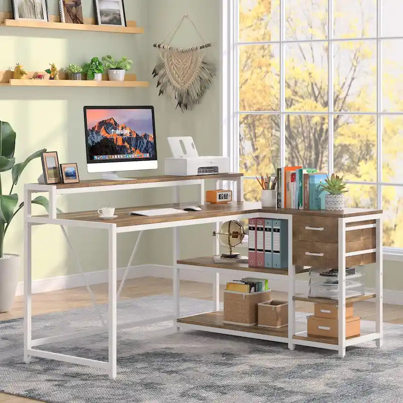 L-förmiger Schreibtisch mit Schublade, Eckschreibtisch für das Home-Office mit Ablagefächern und Monitorständer, rustikaler PC-Tisch für kleine Räume