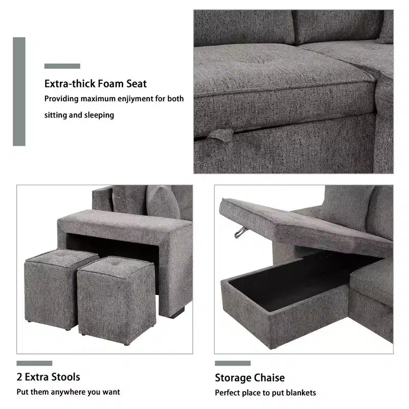 104,5 Zoll L-förmige Schlafcouchgarnitur mit Stauraum-Chaiselongue und 2 Hockern – 3-Sitzer-Schlafsofa mit Schlaffunktion für das Wohnzimmer